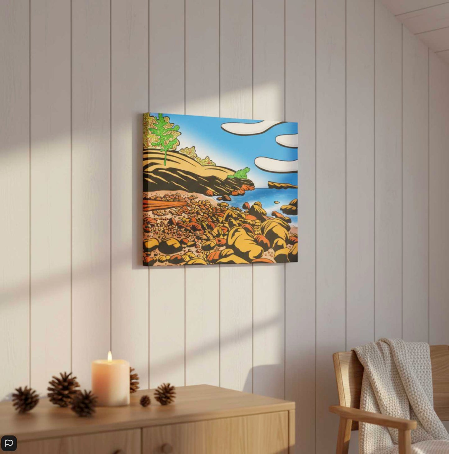 Pancake in Transition Lake Superior autumn canvas. Shop vibrant fall art for cottage decor. Canadian landscape wall art