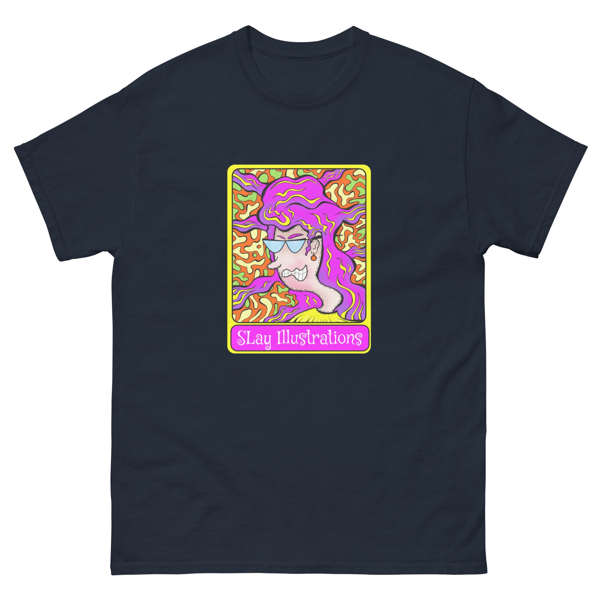 Groovy cotton tee with 1960s psychedelic vibes, bold colours & punk flair streetwear style - navy