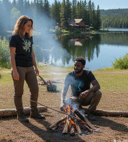 Two people one sporting Psychedelic Maple Tee by a campfire by a lake with a cabin in the background