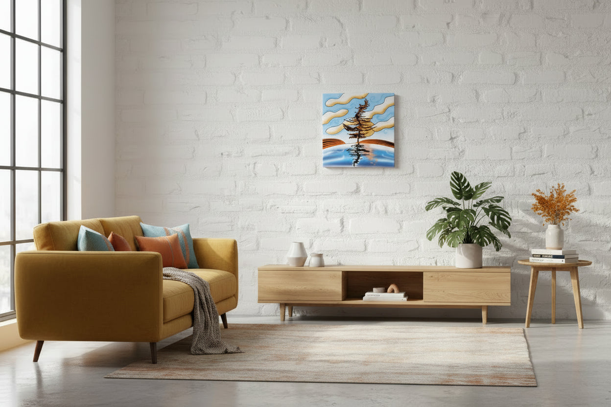 Shimmering Sunset psychedelic canvas. Shop Lake Superior sunset art for modern cottage decor. Vibrant Canadian landscape