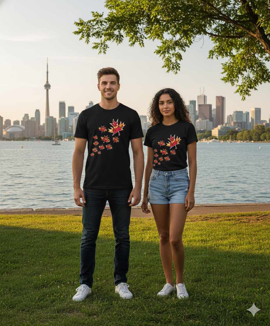 Two people wearing matching black t-shirts with bright red floral designs in a park with a city skyline in the background.