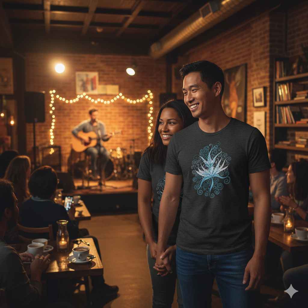 Two people standing in a cozy bar sporting tshirt with blue floral with a musician playing in the background