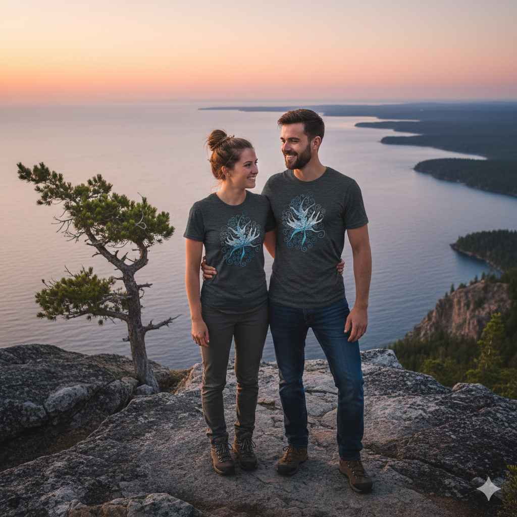 Two people with blue floral tshirt standing on a rocky outcrop overlooking a scenic landscape with a lake and trees.