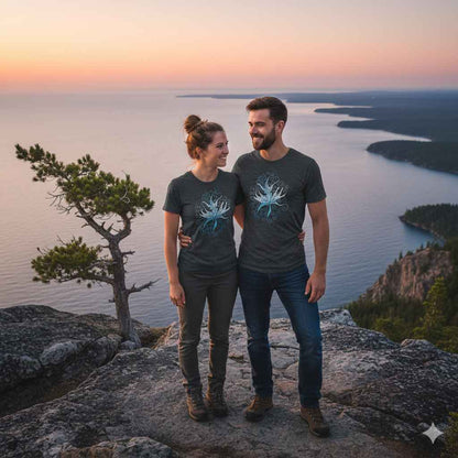 Two people with blue floral tshirt standing on a rocky outcrop overlooking a scenic landscape with a lake and trees.