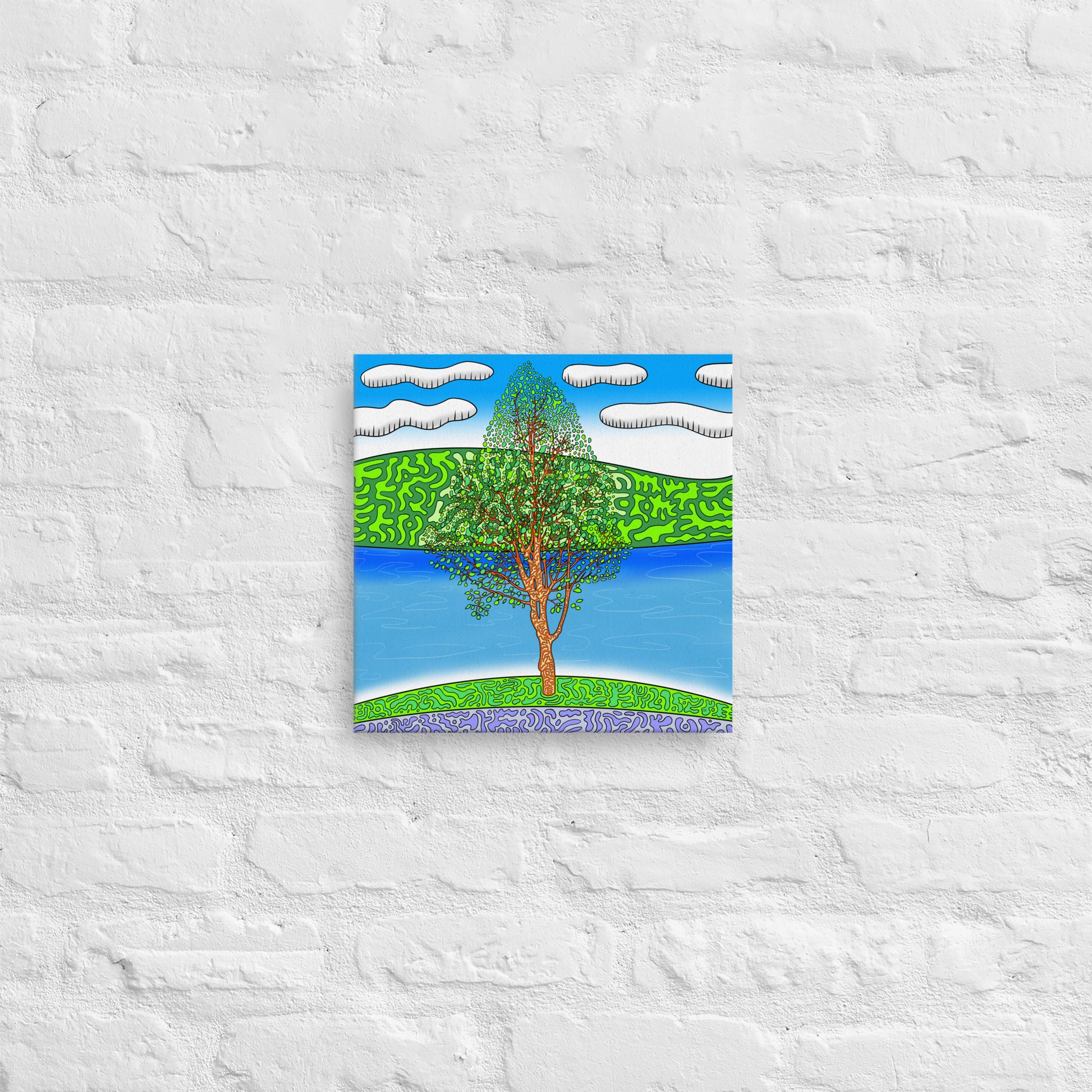 Bright sgreen and blue square canvas print on brick wall