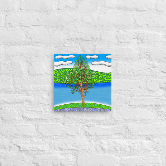Bright sgreen and blue square canvas print on brick wall