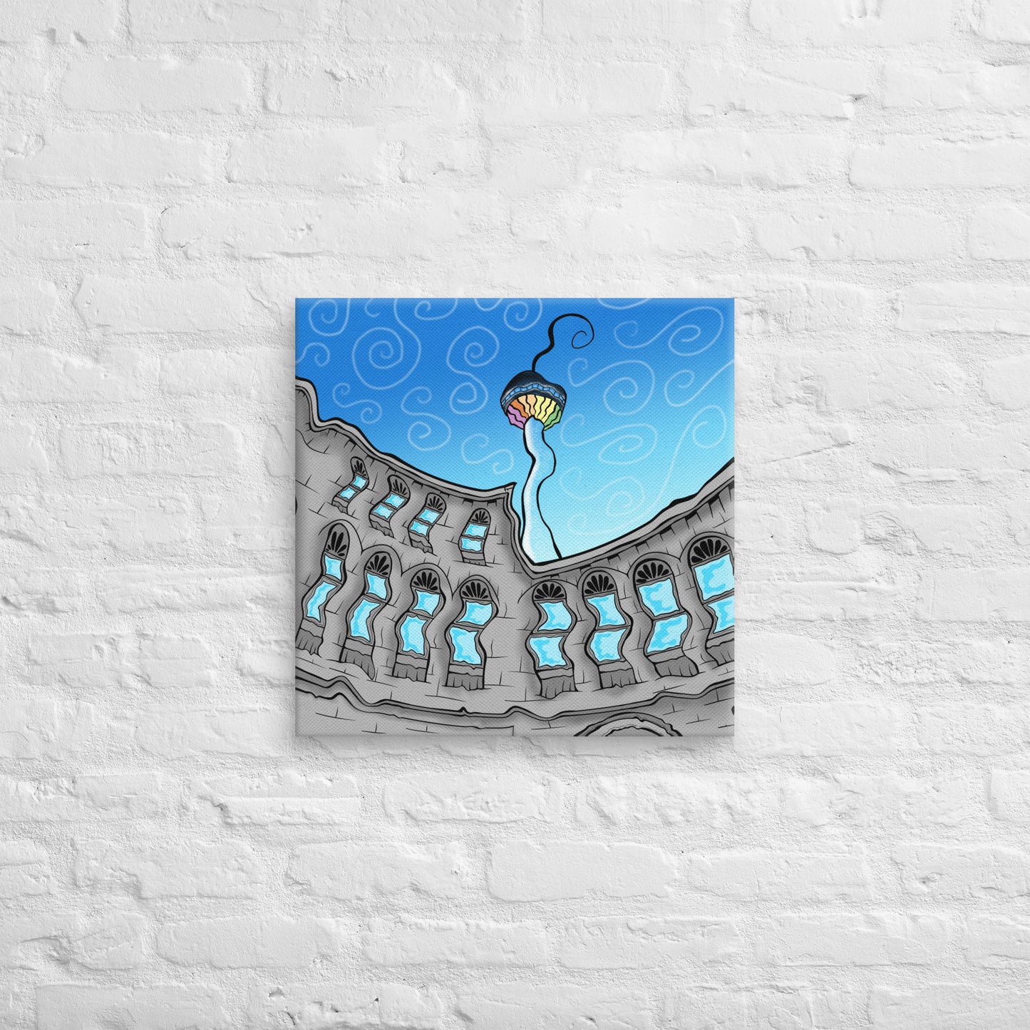 Trippy blue and grey Stephen Avenue Nights - Canvas Print against brick wall