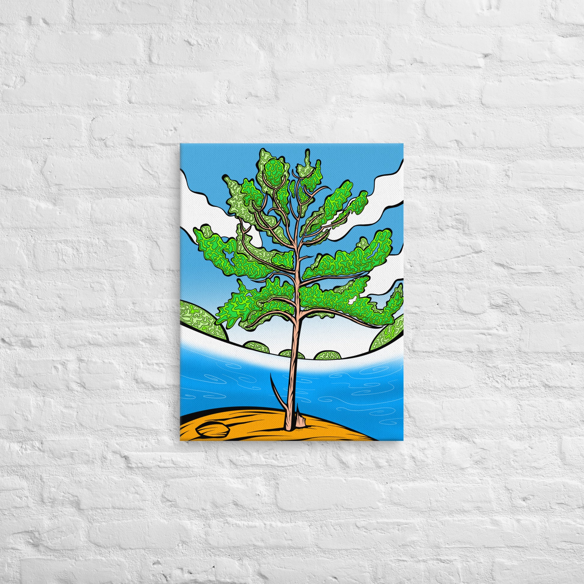 Vibrant Lake Superior wall art with white pine touches. Bold, bright serene Canadian landscape canvas for modern decor