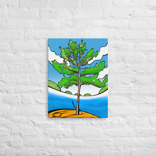 Vibrant Lake Superior wall art with white pine touches. Bold, bright serene Canadian landscape canvas for modern decor