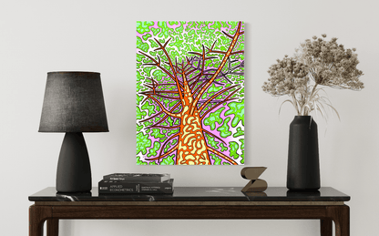 Colourful abstract painting of a trippy  tree on a wall above a wooden console table with decorative items.