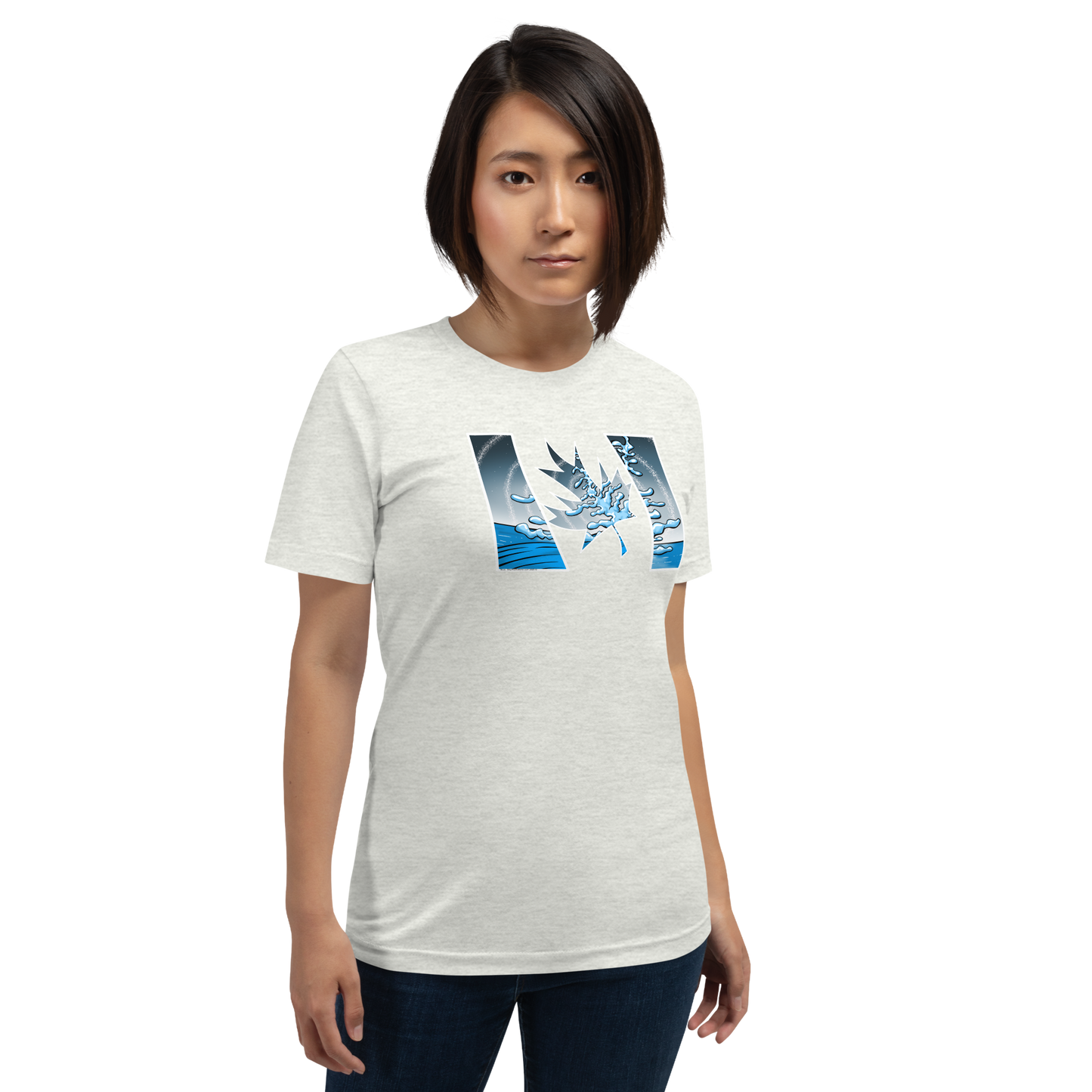 Trippy Canadian flag ash cotton t-shirt with bold blue, cosmic flair, & adventure vibes. A contemporary style for free spirits