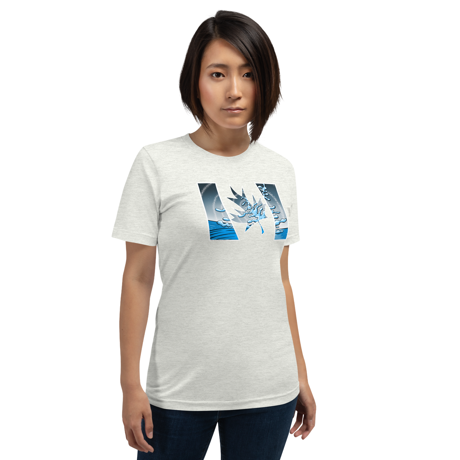 Trippy Canadian flag ash cotton t-shirt with bold blue, cosmic flair, & adventure vibes. A contemporary style for free spirits