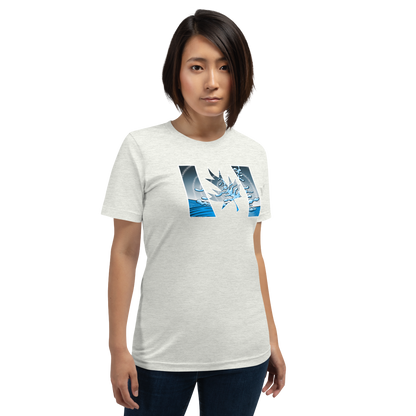 Trippy Canadian flag ash cotton t-shirt with bold blue, cosmic flair, & adventure vibes. A contemporary style for free spirits