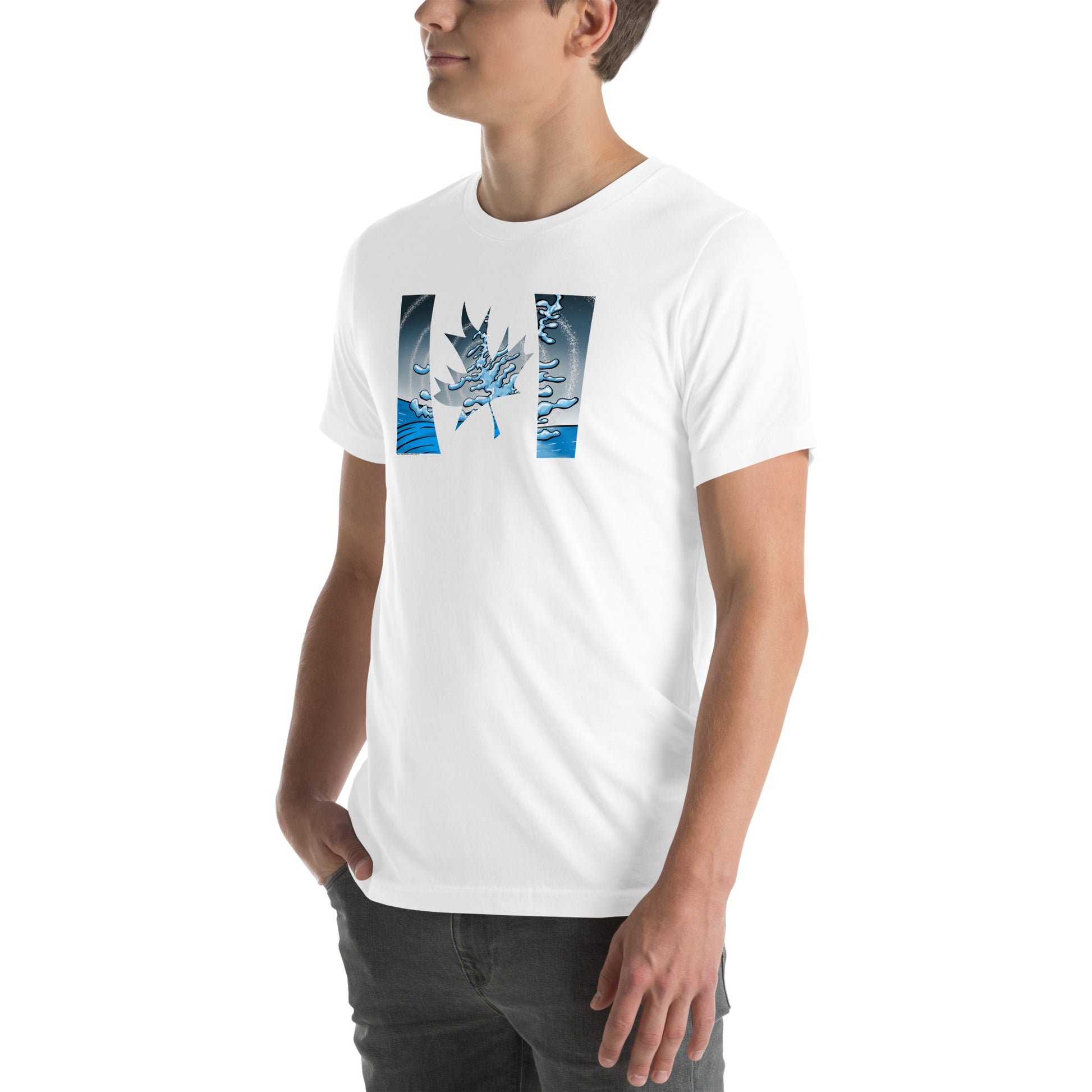 Trippy Canadian flag unisex cotton t-shirt with bold blue, cosmic flair, standing 3/4