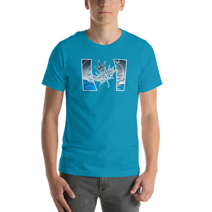 Trippy Canadian flag unisex cotton t-shirt with bold blue, cosmic flair, & adventure vibes. A contemporary style for free spirits