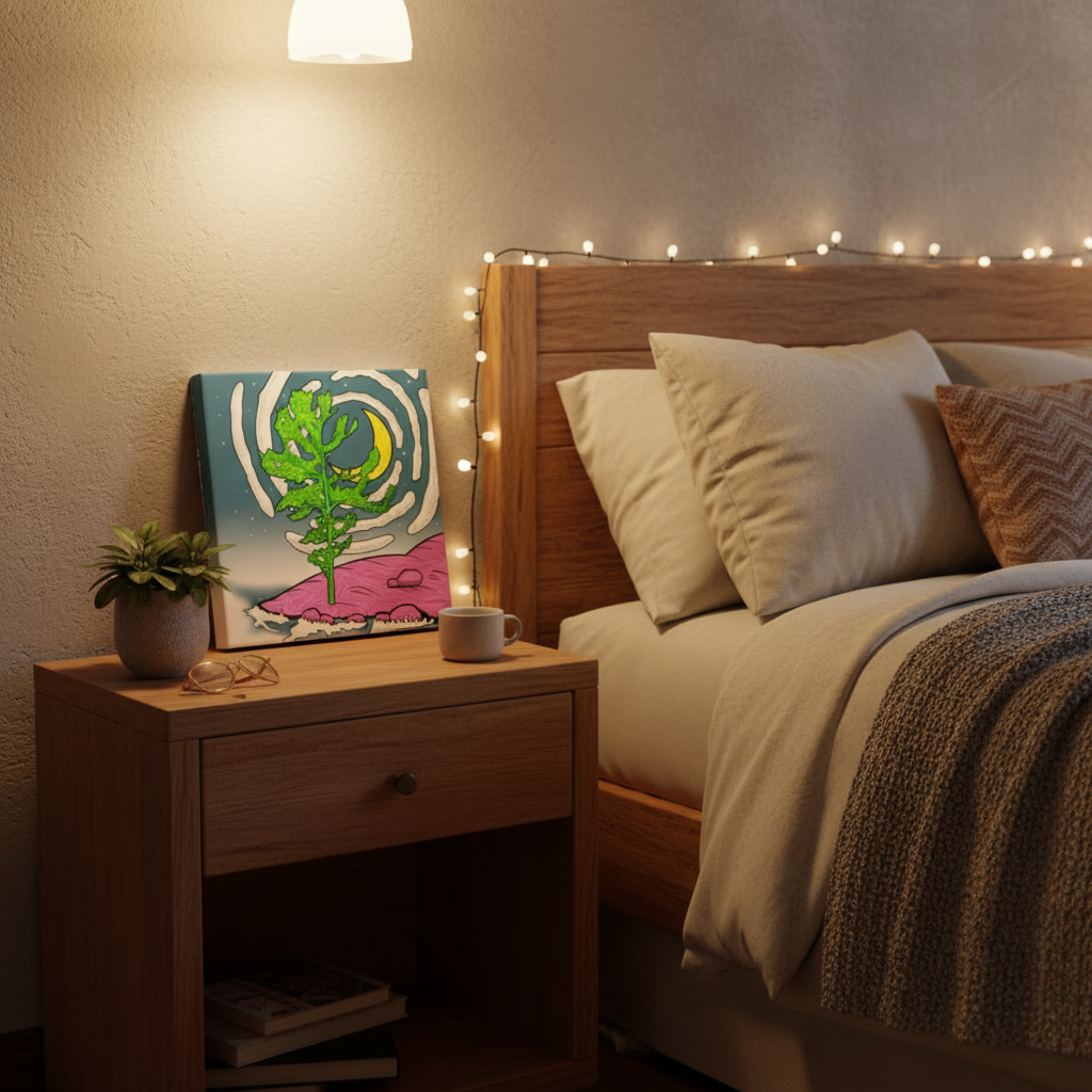 Square bright painted image sitting on next next to a bed