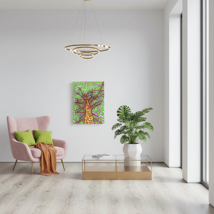 Thin canvas, bright colour, stylized tree in upscale lounge area