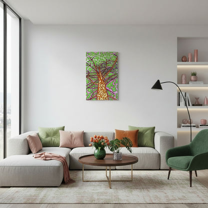 Thin canvas, bright colour, stylized tree on floor