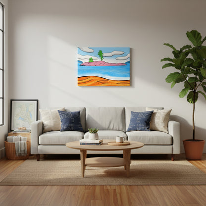 Bright rectangular art featuring bright orange, pink& blue