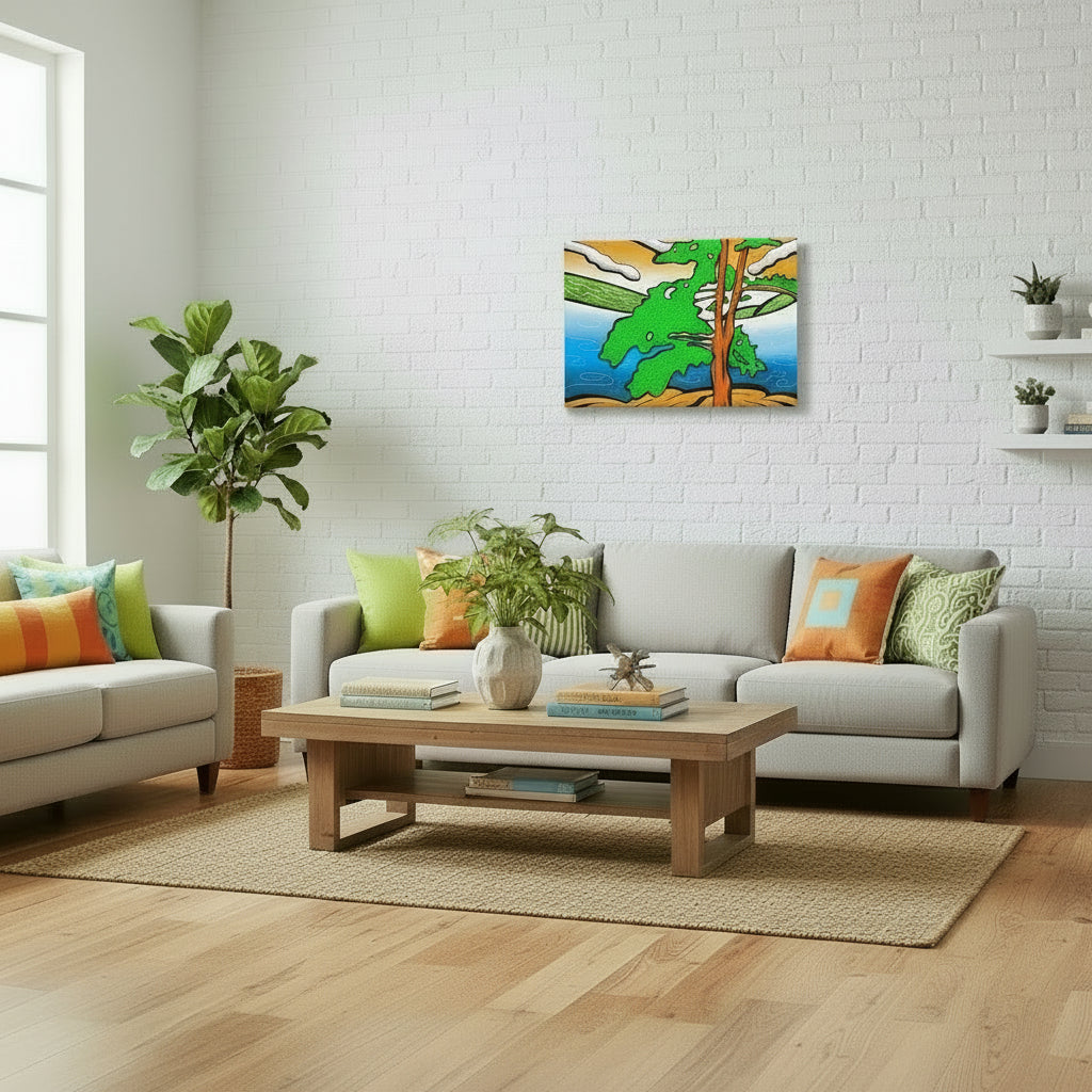 Product mockup of bright canvas print with orange, green and blues