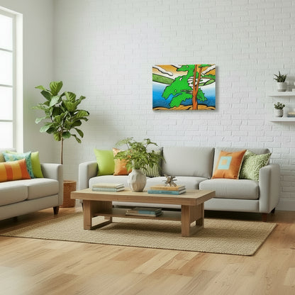 Product mockup of bright canvas print with orange, green and blues