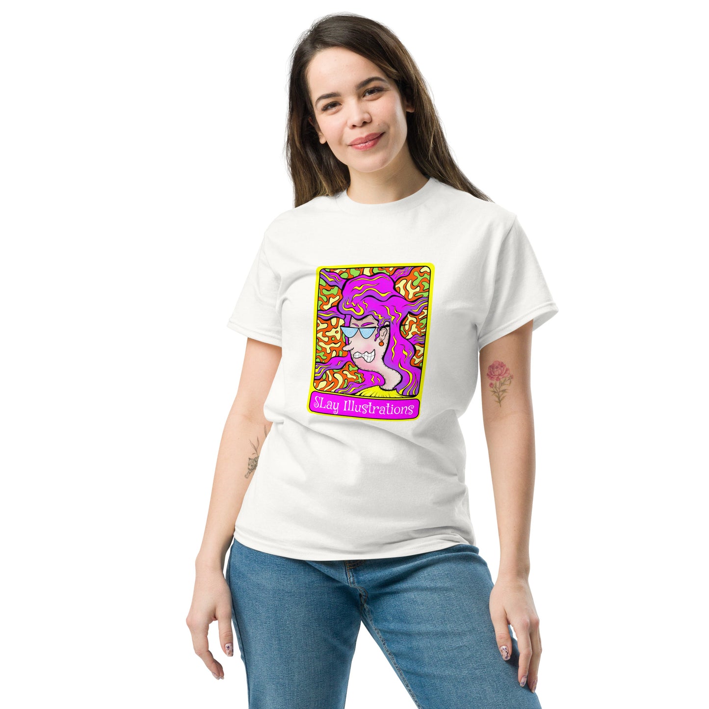 Woman wearing Paranoid Pat white tee