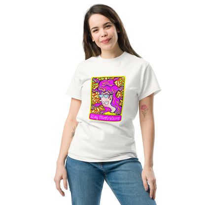 Woman wearing Paranoid Pat white tee