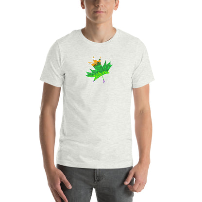 Model wearing  Trippy Green & Orange Maple Leaf unisex ash t-shirt