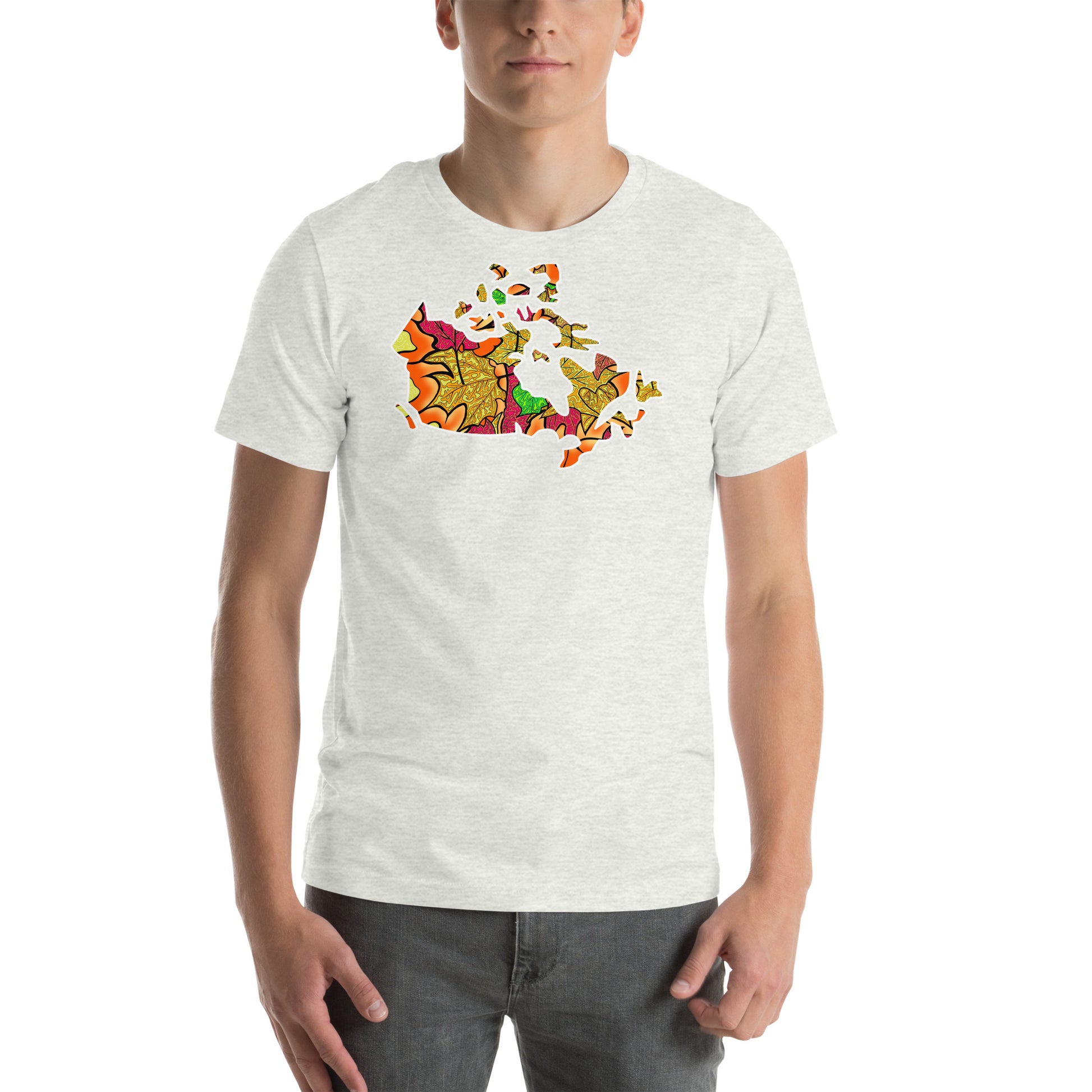 Model wearing  Haliburton Leaves, Canadian leaf inspired map of Canada unisex t-shirt. Ash