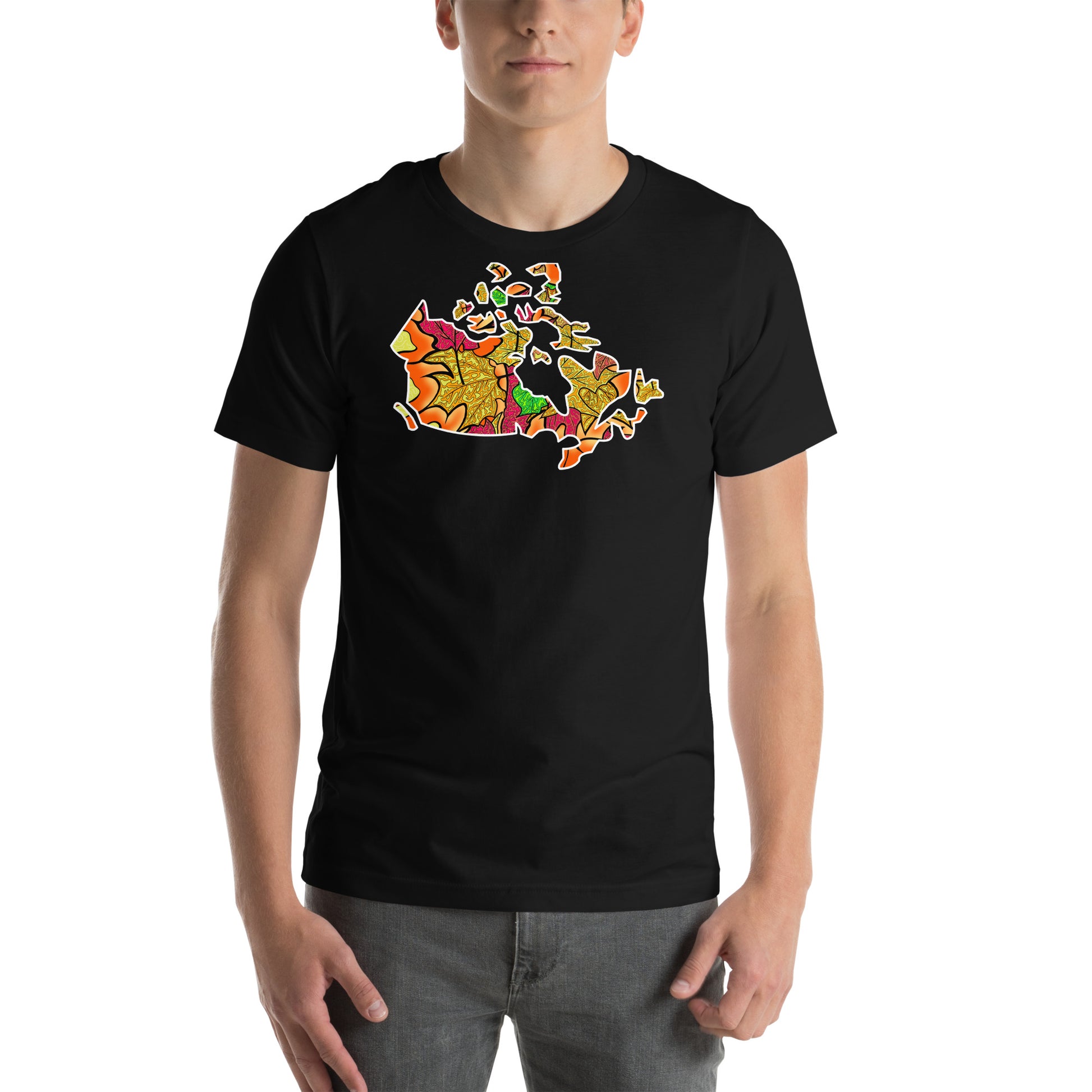 Model wearing Haliburton Leaves, Canadian leaf inspired map of Canada unisex t-shirt. Black