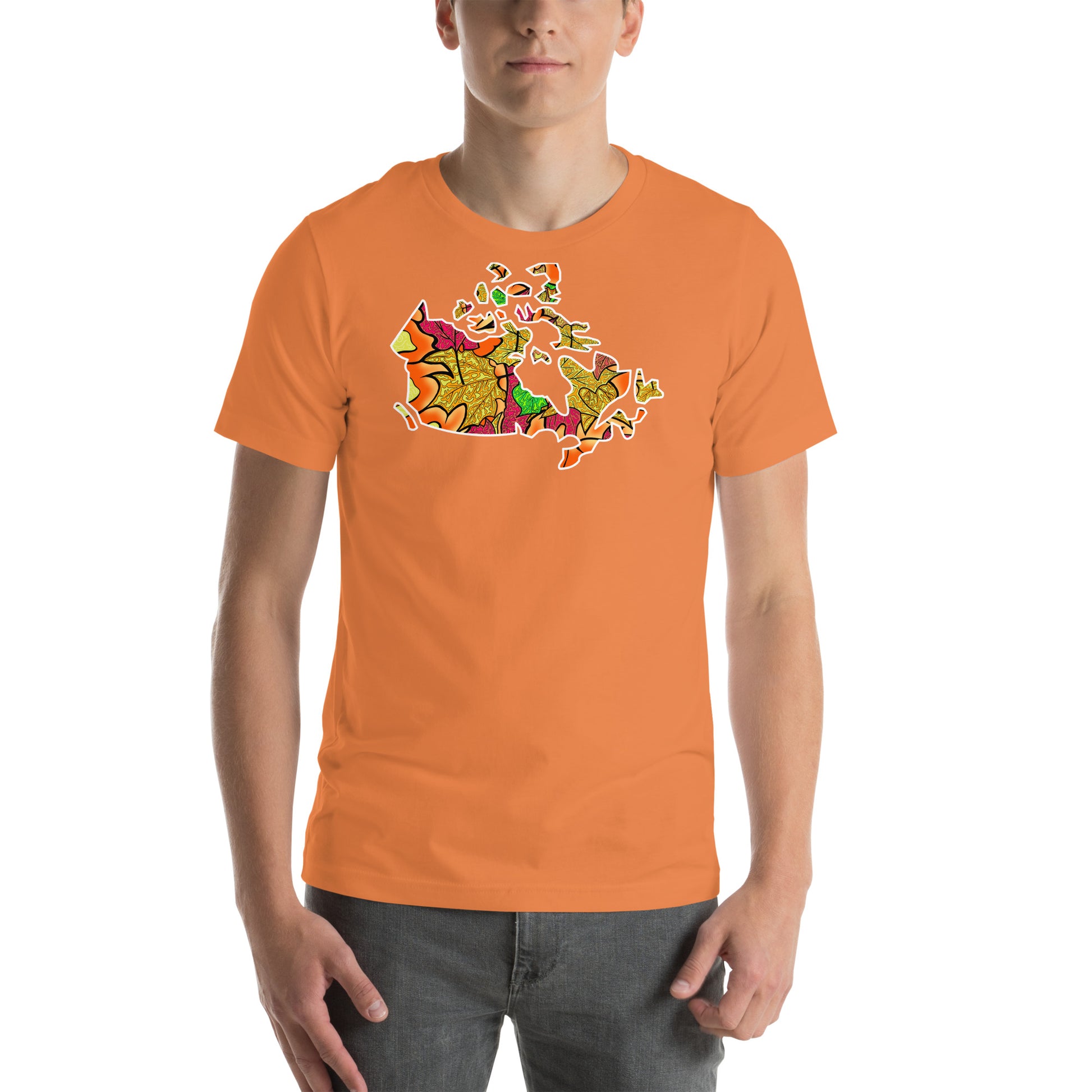 Model wearing Haliburton Leaves, Canadian leaf inspired map of Canada unisex t-shirt. Burnt Orange