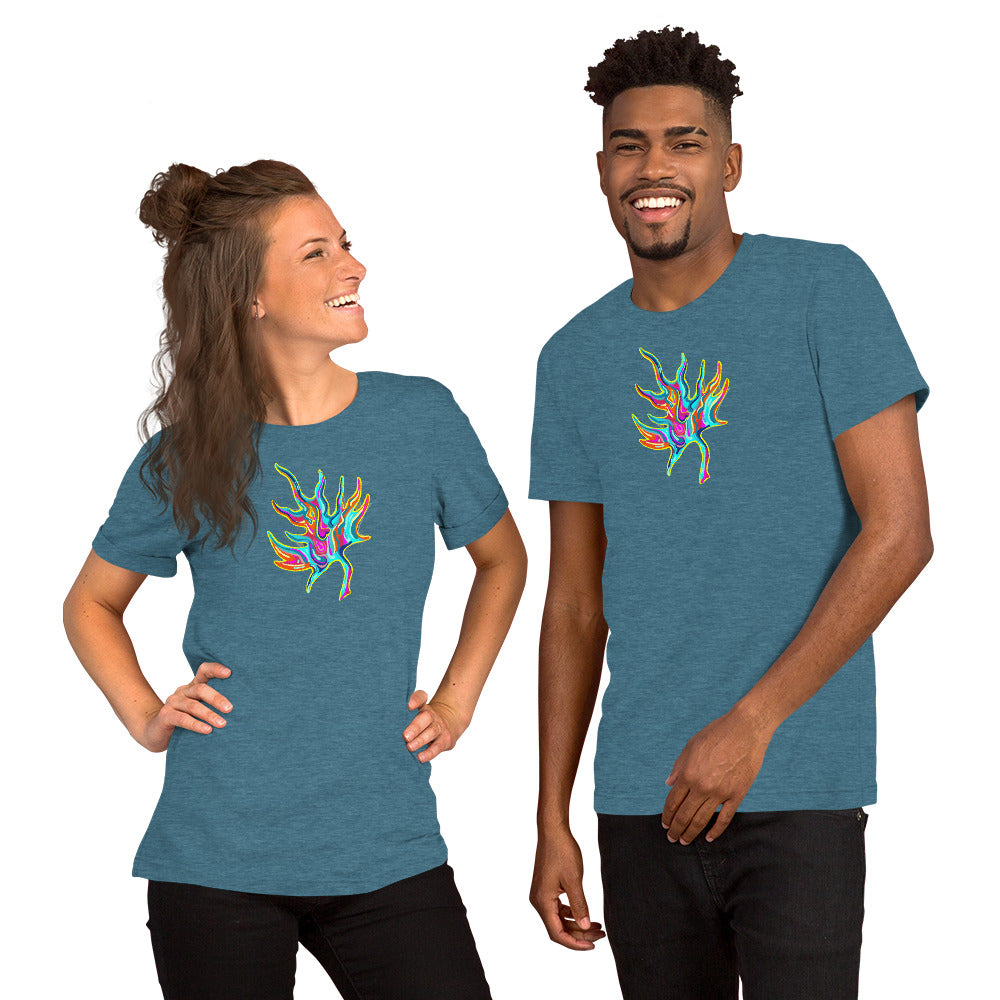 Woman & man sporting psychedelic Maple - Heather Deep Teal Unisex t-shirt  