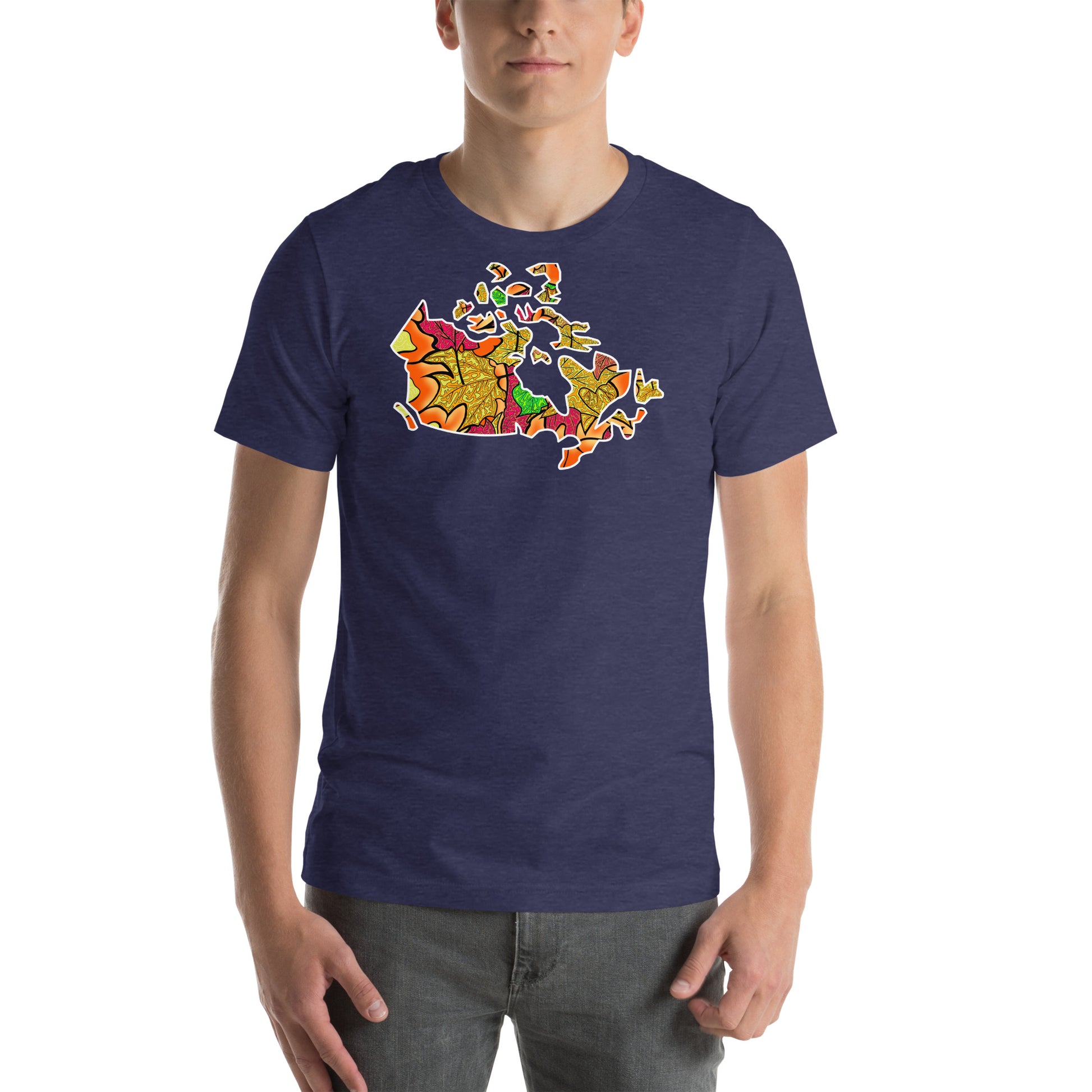 Model wearing Haliburton Leaves, Canadian leaf inspired map of Canada unisex t-shirt.  Midnight Navy