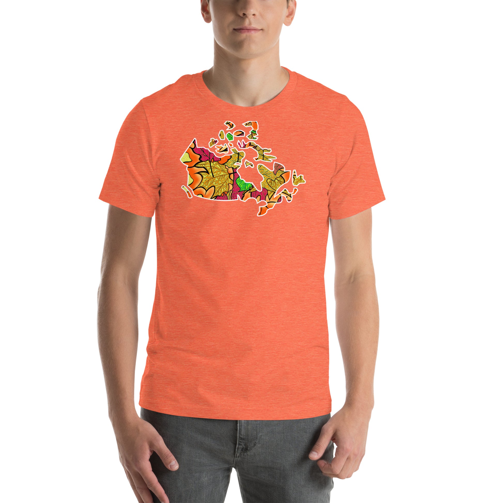 Model wearing  Haliburton Leaves, Canadian leaf landscape unisex t-shirt.  Orange