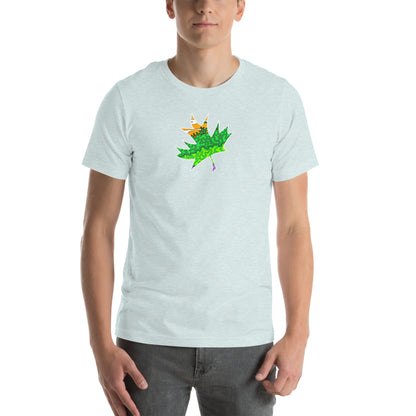 Model wearing  Trippy Green & Orange Maple Leaf unisex ice t-shirt