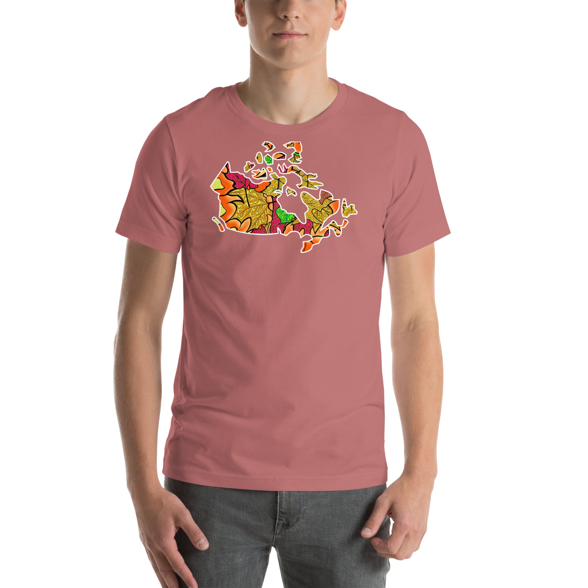 Model wearing Haliburton Leaves, Canadian leaf landscape unisex t-shirt. Mauve