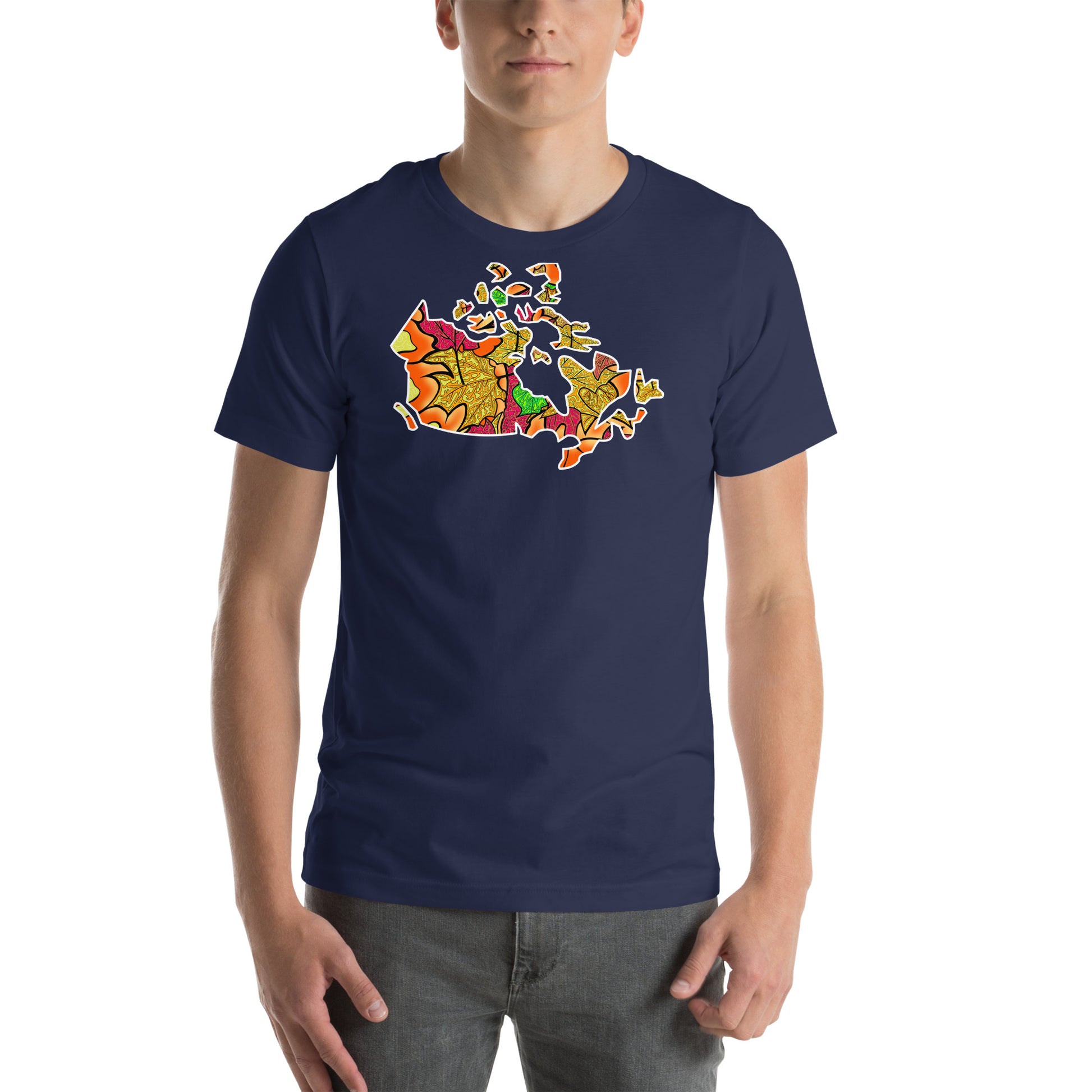 Model wearing  Haliburton Leaves, Canadian leaf inspired map of Canada unisex t-shirt.  Navy