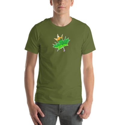 Model wearing Trippy Green & Orange Maple Leaf unisex olive green t-shirt