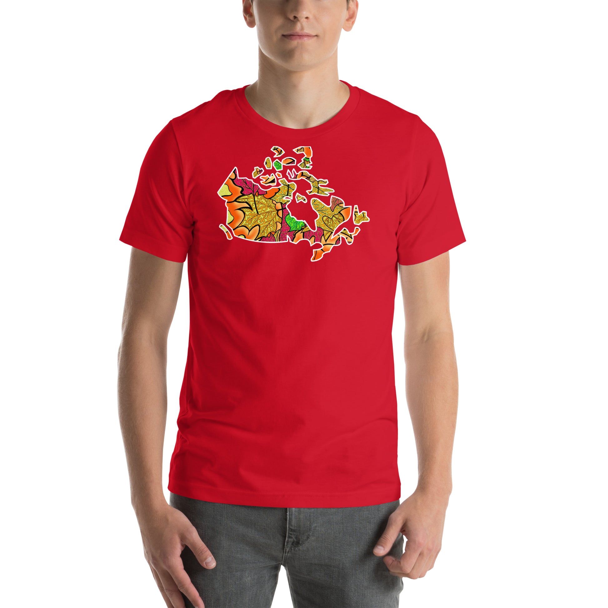 Model wearing  Haliburton Leaves, Canadian leaf landscape unisex t-shirt. red