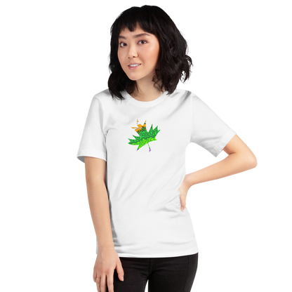 Model wearing Trippy Green & Orange Maple Leaf unisex white Tee