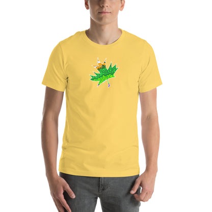 Model wearing  Trippy Green & Orange Maple Leaf unisex yellow t-shirt