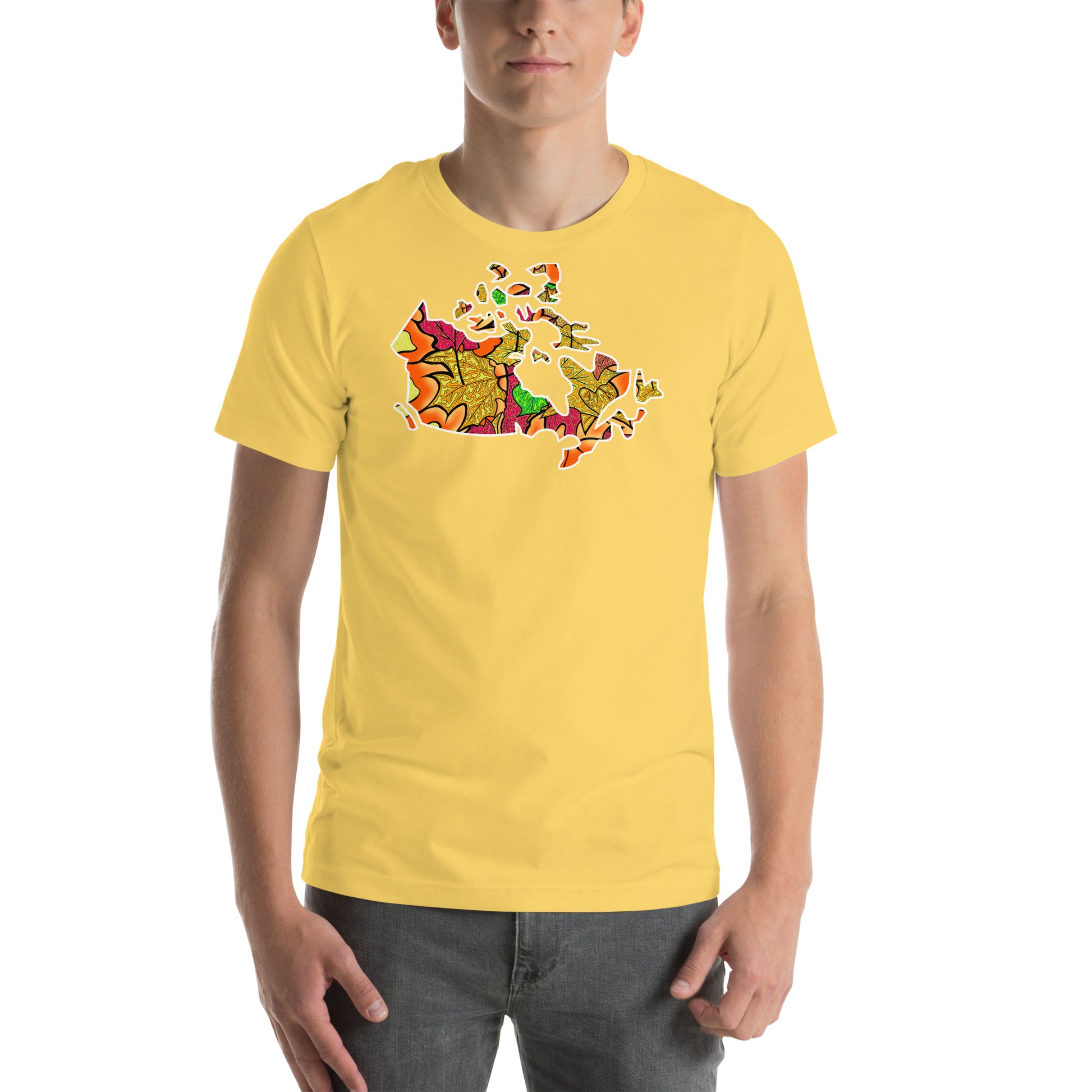 Model wearing  Haliburton Leaves, Canadian leaf inspired map of Canada unisex t-shirt. Yellow