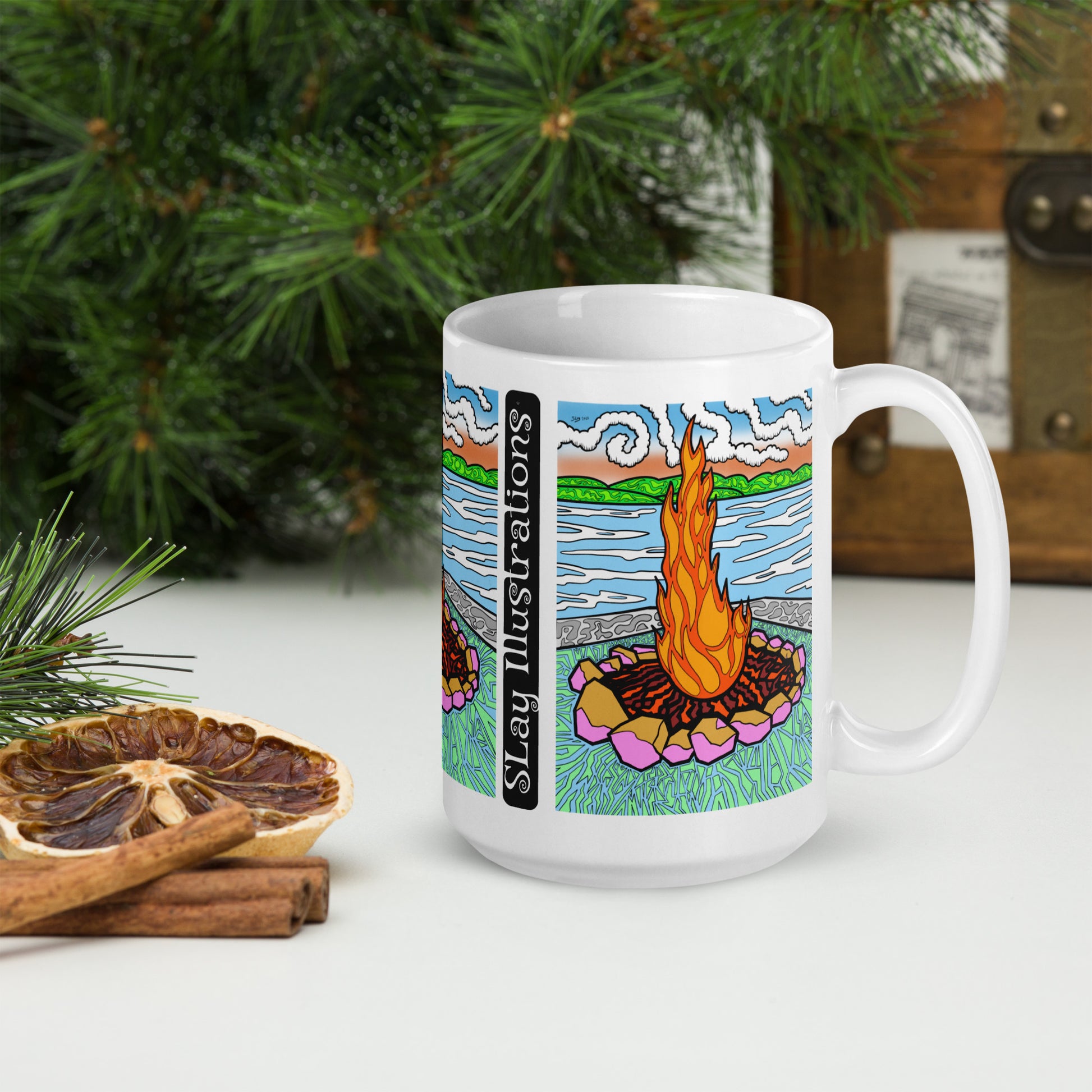 Day Fire at Whiskey Bay White glossy mug